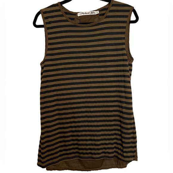 MICHAEL STARS BLACK AND OLIVE STRIPE WOMENS SLEEVELESS SHIRT ONE SIZE - Picture 1 of 4